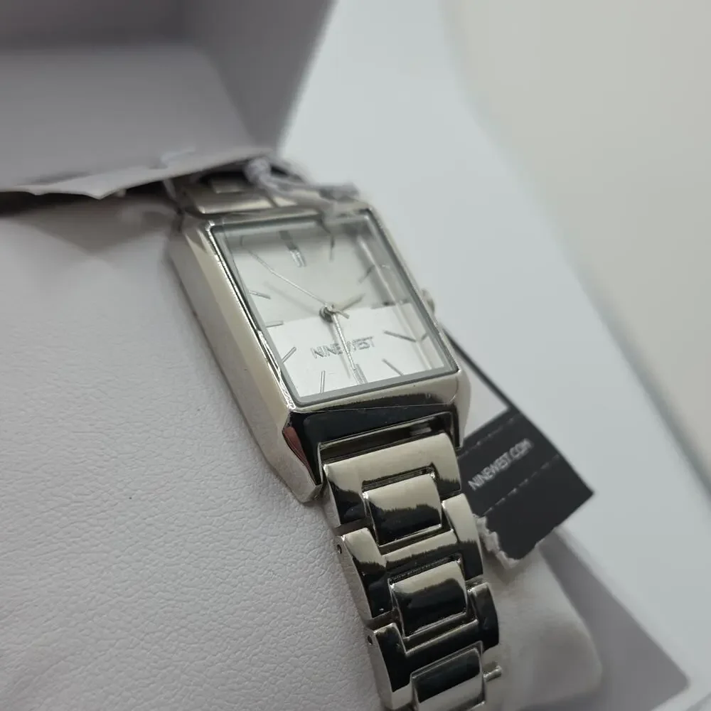Nine West Women’s Analog Quartz Rectangle Silver Tone Bracelet Watch w/ Box